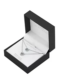 Boxed Fine Silver Plated 16" Cubic Zirconia Circle and Heart 2 Layer Necklace