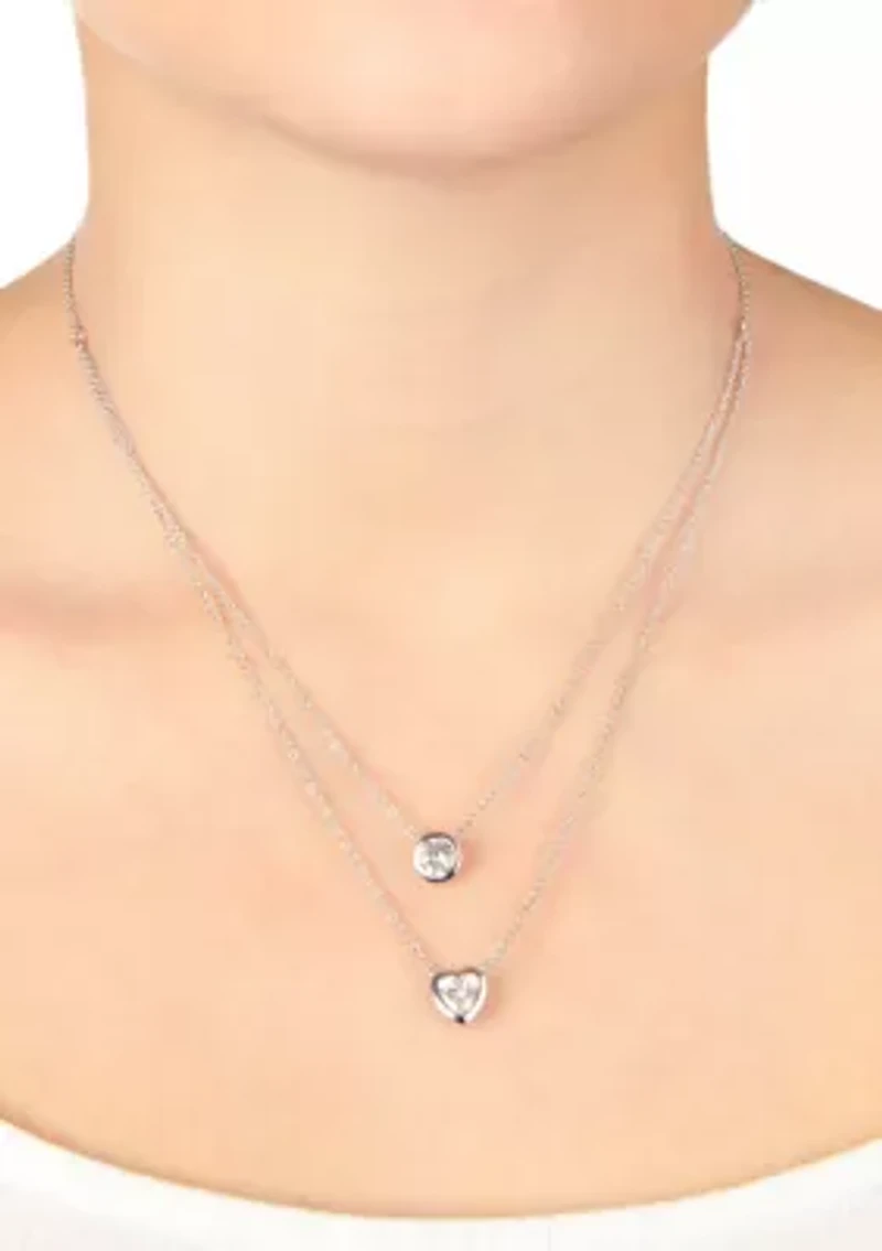 Boxed Fine Silver Plated 16" Cubic Zirconia Circle and Heart 2 Layer Necklace