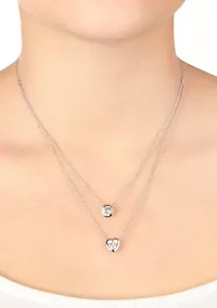 Boxed Fine Silver Plated 16" Cubic Zirconia Circle and Heart 2 Layer Necklace