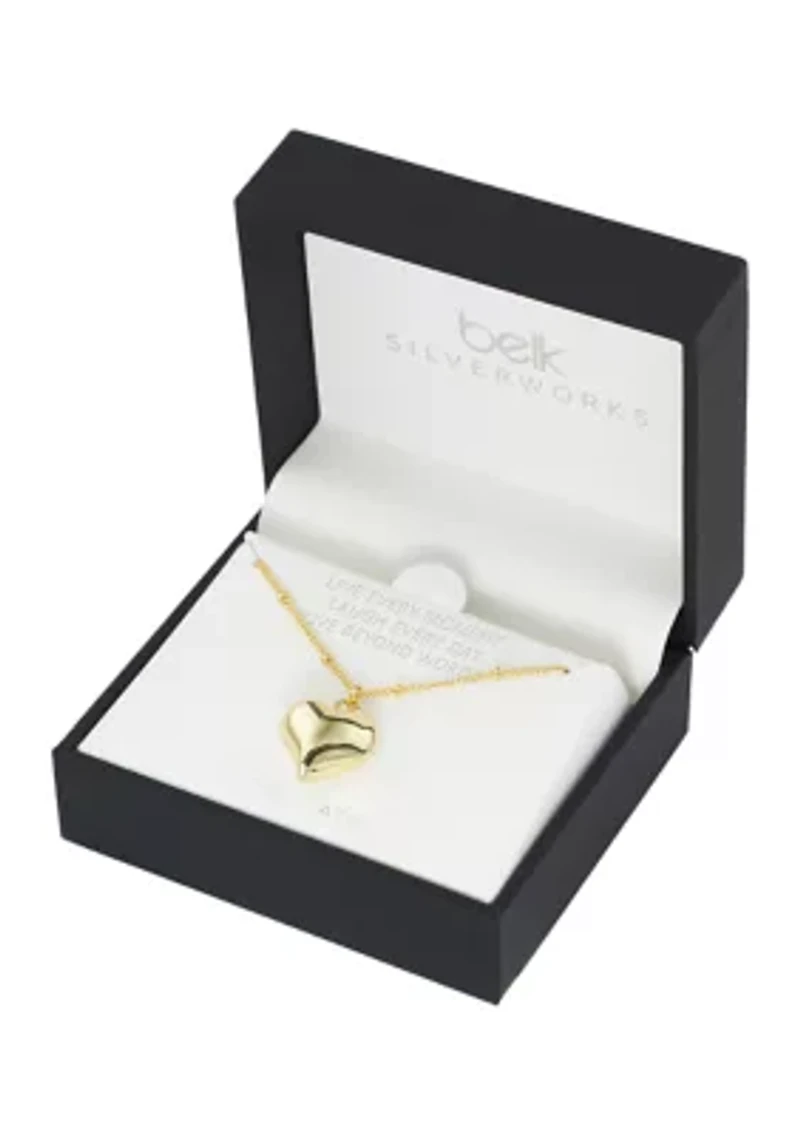 Boxed Gold Over Silver Plated Puffy Heart Beaded Chain Necklace