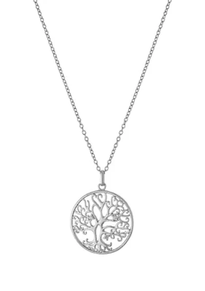 18" Silver Plated Cubic Zirconia Tree of Life Pendant Necklace