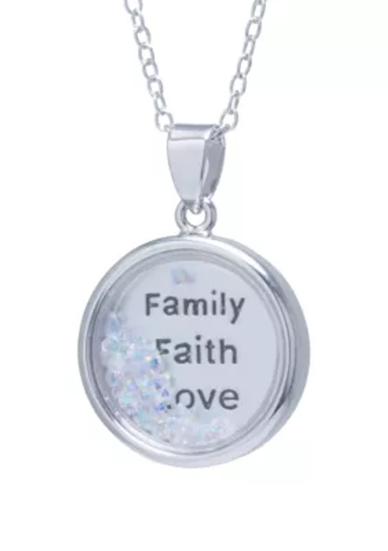 Boxed Fine Silver Plated Family Faith and Love Crystal Shaker Pendant Necklace