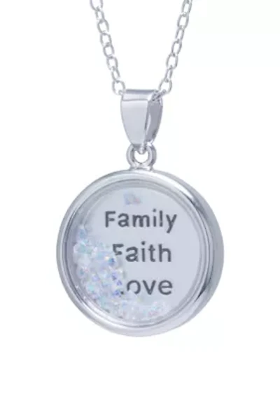 Boxed Fine Silver Plated Family Faith and Love Crystal Shaker Pendant Necklace