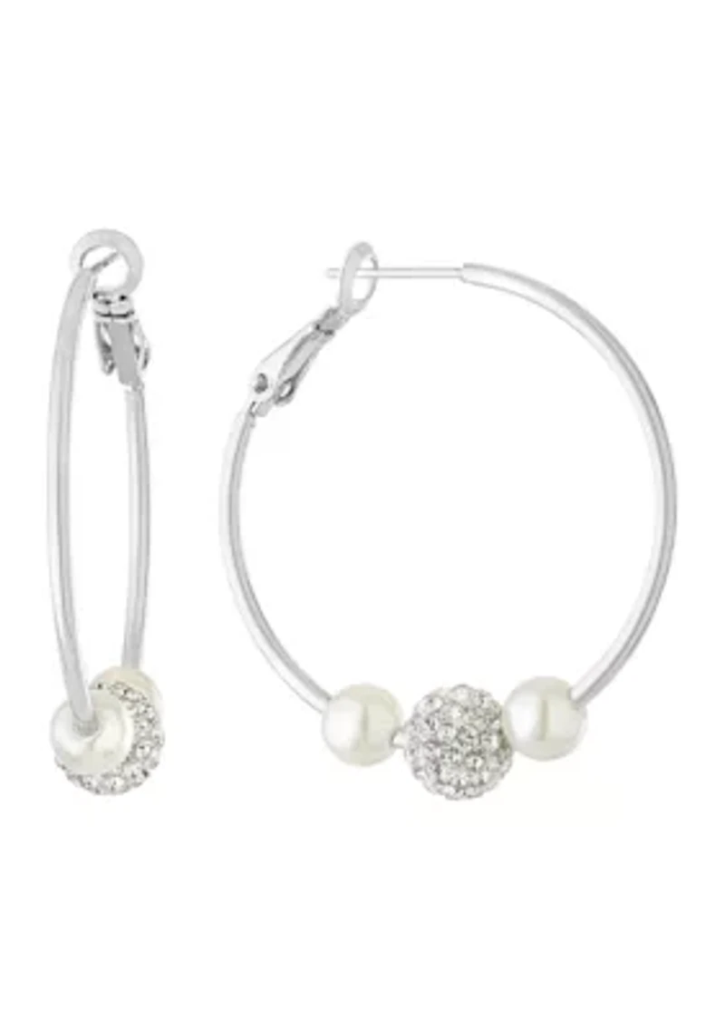 Fine Silver Plated 1.4" Simulated Pearl and Crystal Ball Hoop Earrings