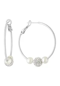 Fine Silver Plated 1.4" Simulated Pearl and Crystal Ball Hoop Earrings