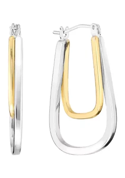 Two Tone Plated Double Square Tube Click-Top Hoop Earrings