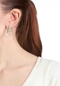 Two Tone Plated Double Square Tube Click-Top Hoop Earrings