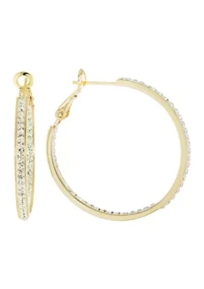 Silver Plated 1.3" Crystal Clutchless Hoop Earrings or Gold