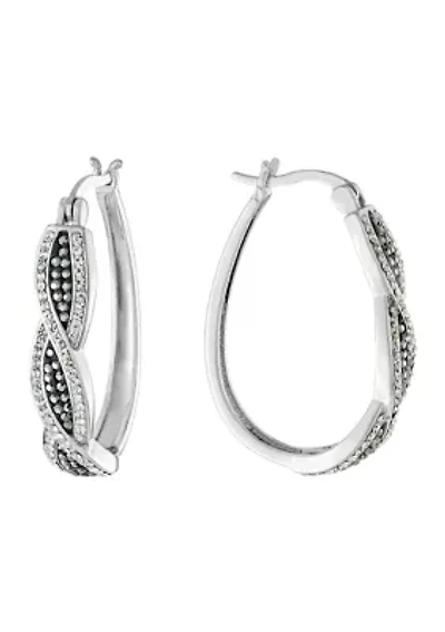 Silver Plated 1.3" Clear Crystal Pavé Twist Hoop Earrings