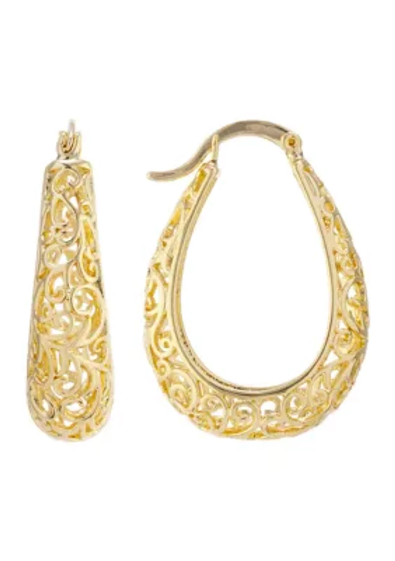 Gold Over Silver Plated 1.2" Filigree Hoop Earrings