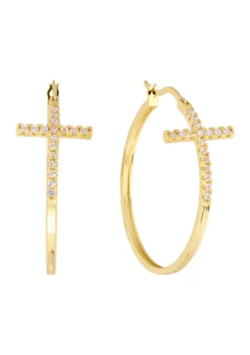 Gold-Plated Crystal Cross Click-Top Hoop Earrings