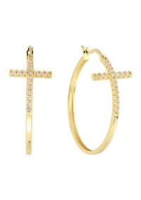 Gold-Plated Crystal Cross Click-Top Hoop Earrings