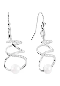 Silver Plated 6 Millimeter Freshwater Pearl and Cubic Zirconia Spiral Drop Earrings