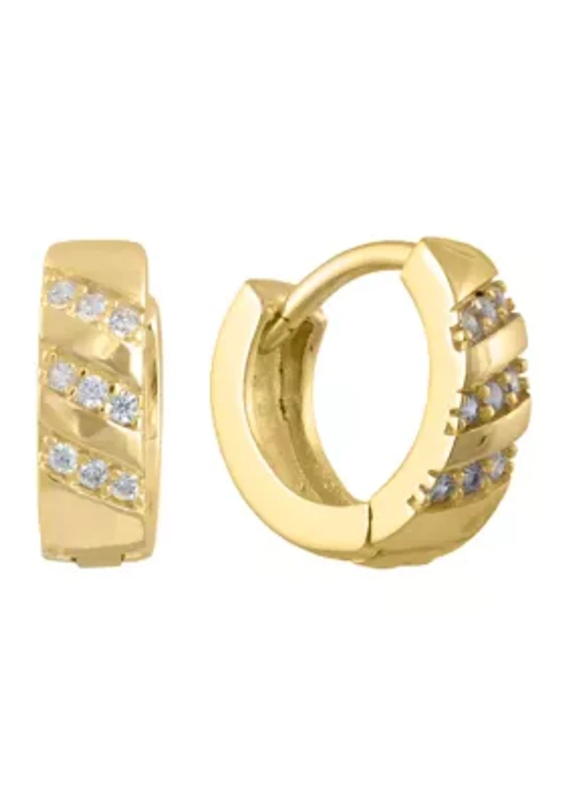 Fine Silver Plated .5" Cubic Zirconia Striped Huggie Hoop Earrings