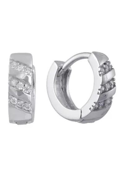 Fine Silver Plated .5" Cubic Zirconia Striped Huggie Hoop Earrings