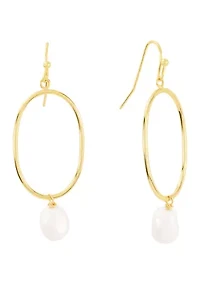 Gold Plated 8 Millimeter Potato Freshwater Pearl Oval Drop Earrings