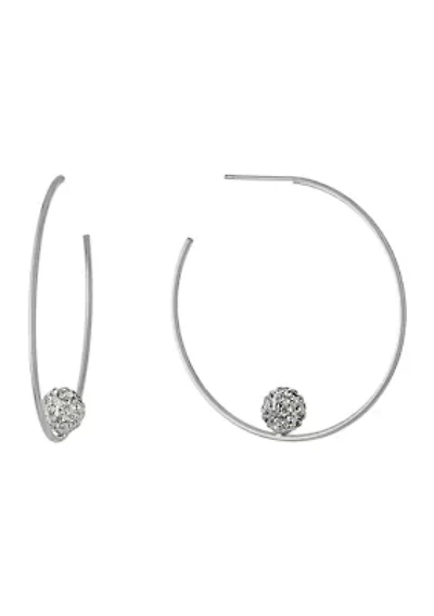 Fine Silver Plated 1.7 Inch Crystal Ball Post Hoop Earrings