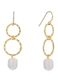 Gold Plated Hammered Double Circle with Freshwater Pearl Drop Earrings