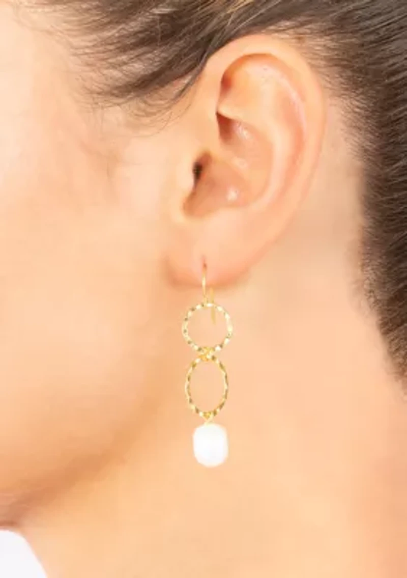 Gold Plated Hammered Double Circle with Freshwater Pearl Drop Earrings