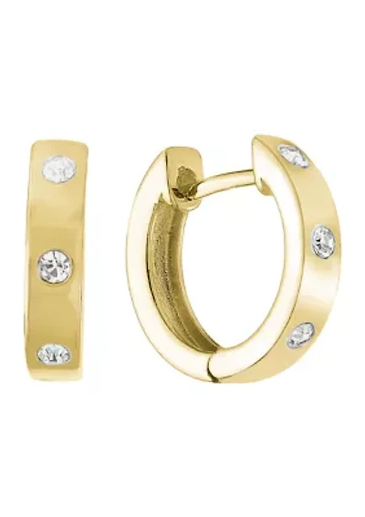 Fine Silver Plated 0.68" Round Crystal Huggie Hoop Earrings