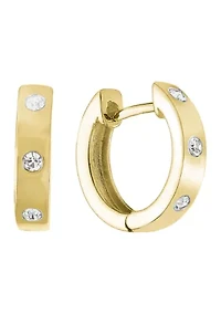 Fine Silver Plated 0.68" Round Crystal Huggie Hoop Earrings