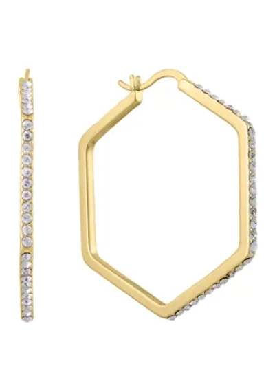 Fine Silver Plated 1.8" Front Crystal Hexagon Click Top Hoop Earrings or Gold