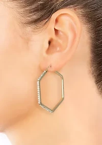 Fine Silver Plated 1.8" Front Crystal Hexagon Click Top Hoop Earrings or Gold