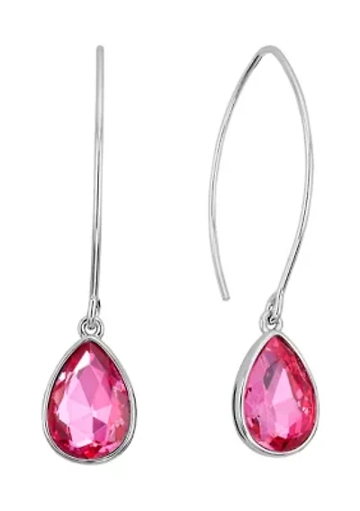 Silver Plated Dark Pink Crystal Pear Marquis Drop Earrings
