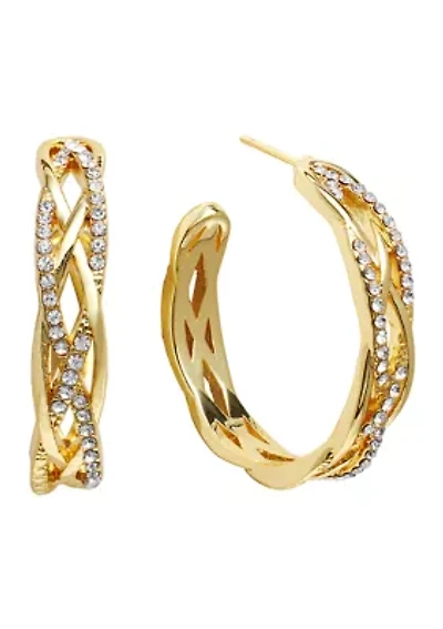 Gold Plated 1.15" Round Crystal Pavé Crossover Hoop Earrings