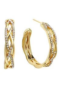 Gold Plated 1.15" Round Crystal Pavé Crossover Hoop Earrings