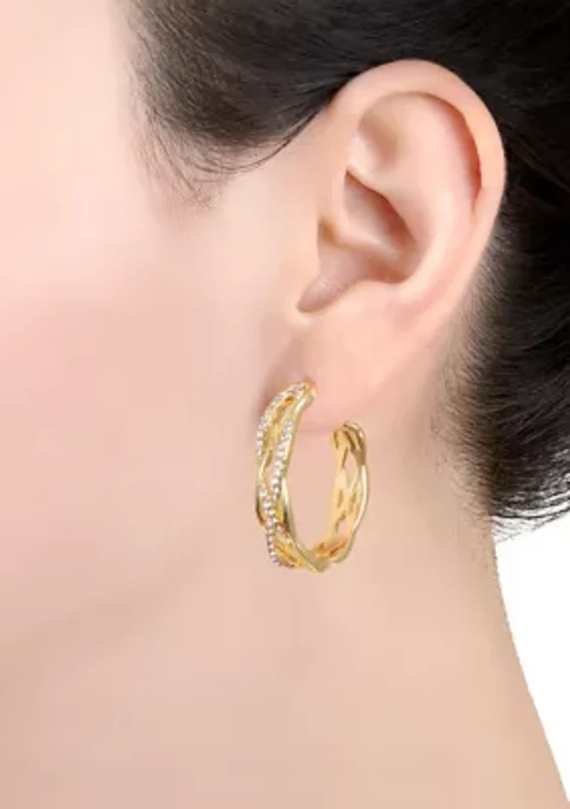 Gold Plated 1.15" Round Crystal Pavé Crossover Hoop Earrings
