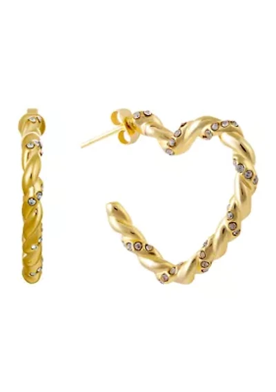 Fine Silver Plated 1.05" Crystal Twisted Heart Post Hoop Earrings