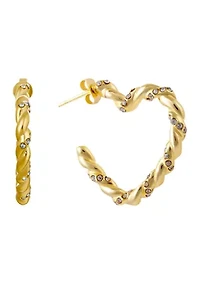 Fine Silver Plated 1.05" Crystal Twisted Heart Post Hoop Earrings
