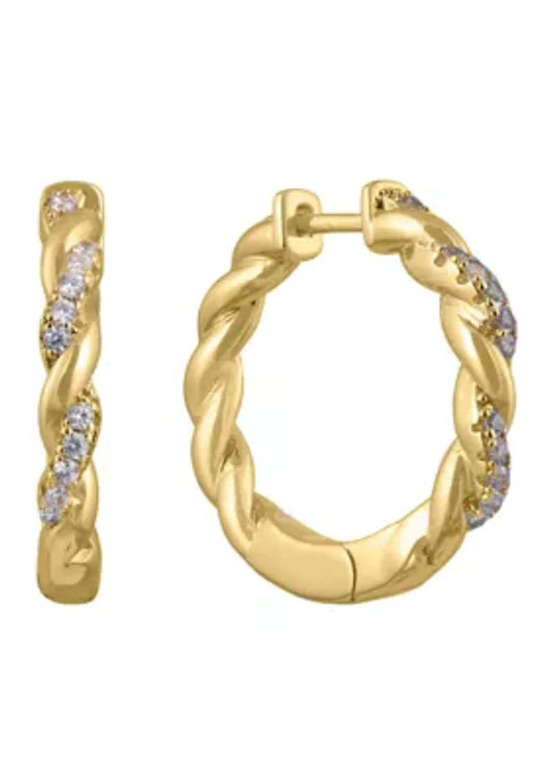 Gold Over Fine Silver Plated .97" Cubic Zirconia Pavé Twist Hoop Earrings