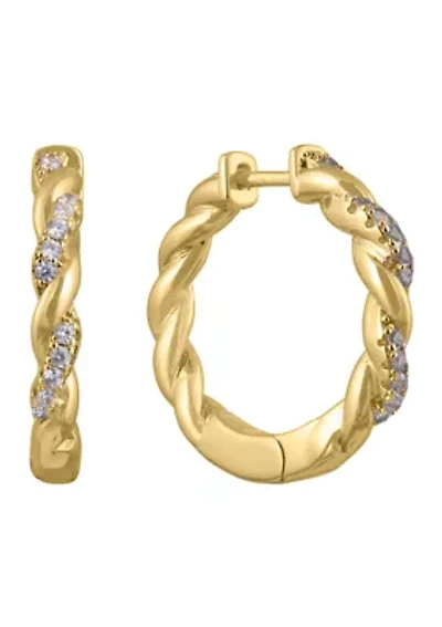 Gold Over Fine Silver Plated .97" Cubic Zirconia Pavé Twist Hoop Earrings