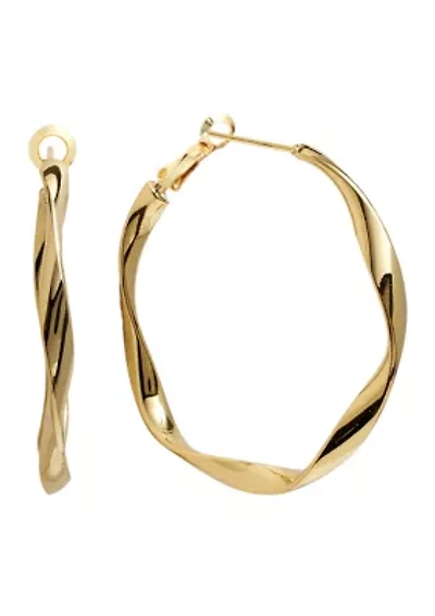Gold Plated 1.46" Twisted Clutchless Hoop Earrings