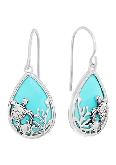 Silver Plated Genuine Turquoise Howlite Turtle Teardrop Earrings