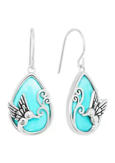 Silver Plated Genuine Turquoise Howlite Hummingbird Teardrop Earrings