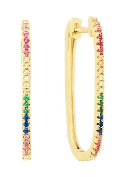 Gold Plated Rainbow Cubic Zirconia Oblong Hoop Earrings