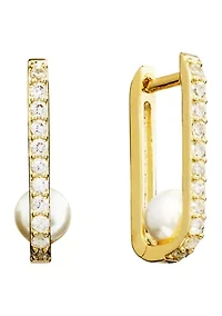 Cubic Zirconia Pearl Oblong Click Top Hoop Earrings