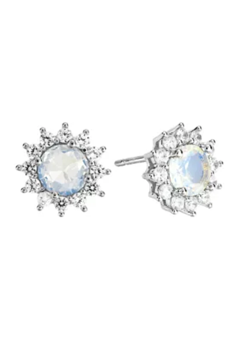 Silver Plated Moonlight Glass and Cubic Zirconia Sunburst Stud Earrings