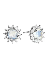 Silver Plated Moonlight Glass and Cubic Zirconia Sunburst Stud Earrings