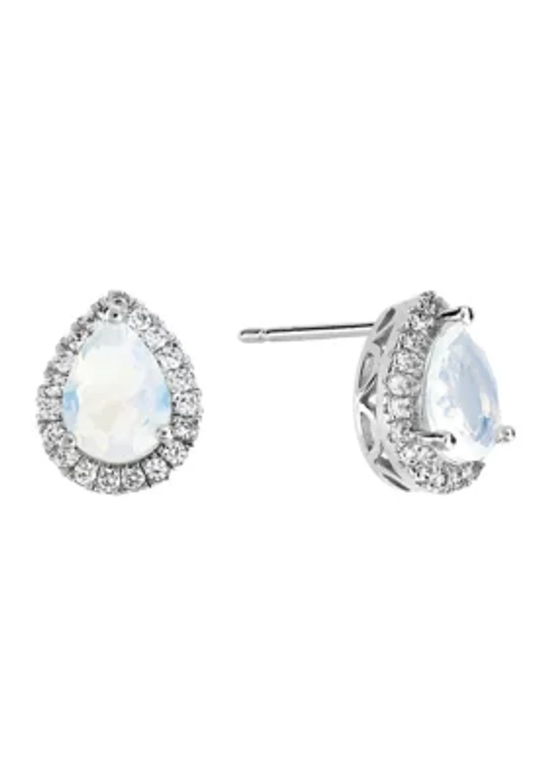 Silver Plated Moonlight Glass and Cubic Zirconia Teardrop Halo Stud Earrings