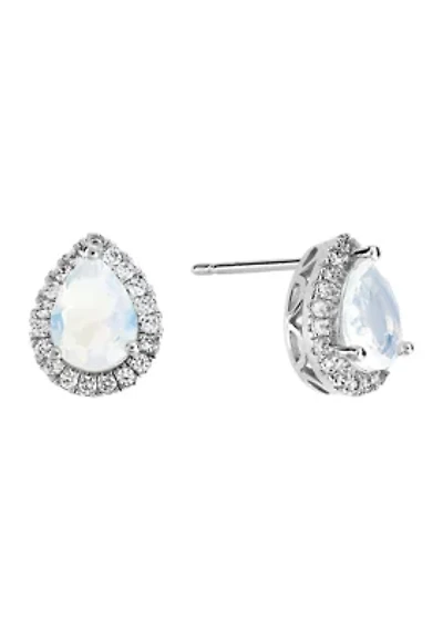 Silver Plated Moonlight Glass and Cubic Zirconia Teardrop Halo Stud Earrings