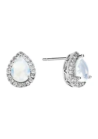 Silver Plated Moonlight Glass and Cubic Zirconia Teardrop Halo Stud Earrings