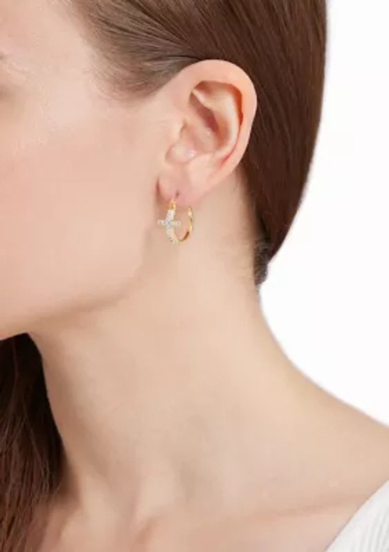 Plated Crystal Cross Clicktop Hoop Earrings
