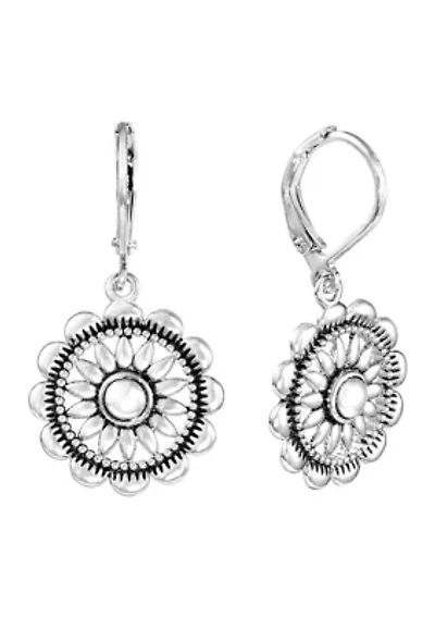 Silver Plated Round Wagon Wheel Lever Back Earrings