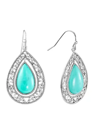 Silver Plated Turquoise Howlite and Scroll Border Double Teardrop Earrings