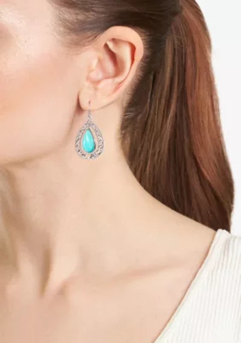 Silver Plated Turquoise Howlite and Scroll Border Double Teardrop Earrings