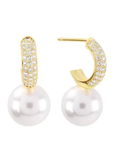 Gold Plated Simulated Pearl and Cubic Zirconia Huggie Hoop Drop Earrings